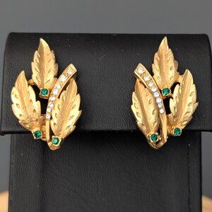 Vintage Erwin Pearl leaf clip on earrings with faux diamonds and faux emeralds